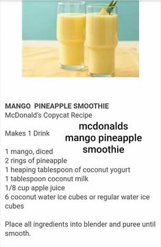 the recipe for mango pineapple smoothie is shown in this screenshot, with instructions to make it