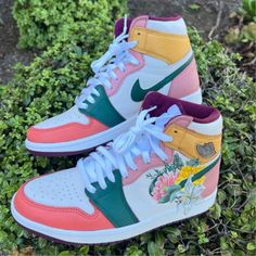 Flower Custom Air Jordan 1 X Wedding Sneaker – unitecustom Wedding Jordans, Jordan 1 Green, Custom Air Jordan 1, Red Wedding Shoes, Yellow Flower Print, Wedding Sneakers, Simple Shoes