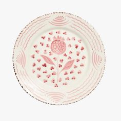 a pink and white plate with flowers in the center on a white background, there is no image here to provide a caption for