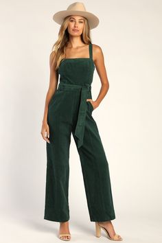 Dark Green Jumpsuit - Corduroy Jumpsuit - Wide Leg Jumpsuit - Lulus Jumpsuit Fall Outfit, Corduroy Jumpsuit, Church Fits, Jumpsuit Fall, Lulu Fashion, Green Corduroy, Green Jumpsuit, Corduroy Fabric, Sash Belt