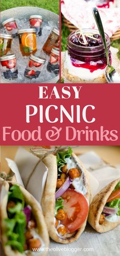 food and drink collage with the words easy picnic food & drinks on it's side