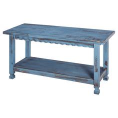 an old blue coffee table with two shelves on each side and one shelf below it