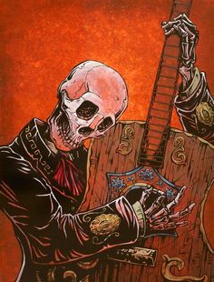 a painting of a skeleton playing the guitar