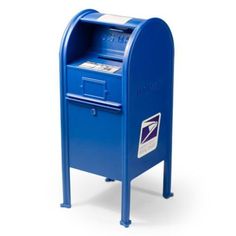 a blue mailbox sitting on top of a white floor