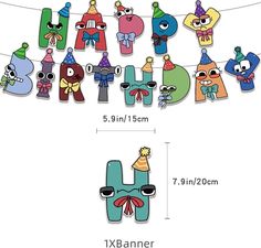 an image of happy birthday banner with cartoon characters hanging from clothes line and number 4