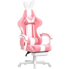 a pink and white office chair with bunny ears on the headrest, sitting in front of a white background