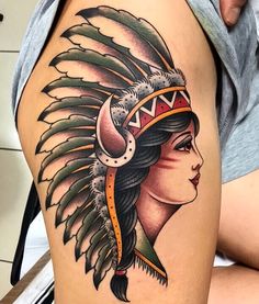 Indian Chief Tattoo, Indian Girl Tattoos, Headdress Tattoo, Traditional Style Tattoo, Girl Face Tattoo, Tattoo Old School, Traditional Tattoo Sleeve, Geniale Tattoos