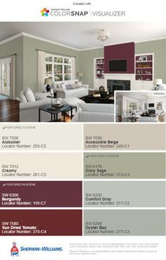 the color scheme for this living room is maroon, green, and gray with white furniture