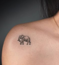 a small elephant tattoo on the back of a woman's upper arm and shoulder