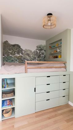 a bedroom with a bed, dresser and bookcases in front of a painting on the wall