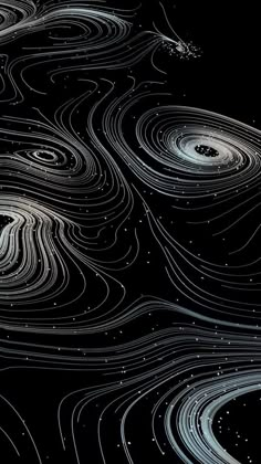 an abstract black and white photo with swirls in the sky, stars and circles