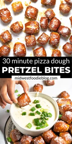 mini pizza dough pretzel bites being dipped with cream cheese