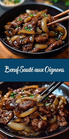 beef and onion stir fry with chopsticks in a black bowl on a wooden table