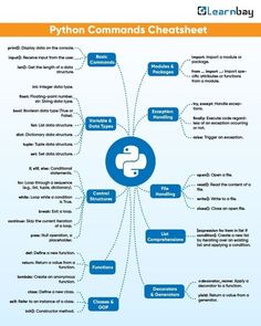 a blue and white diagram with words describing the different types of python commands on it