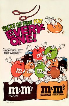 an advertisement for m & m's with cartoon characters on the front and back