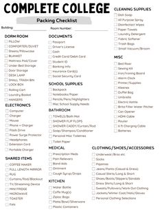 the complete college packing checklist is shown in black and white, with text on it