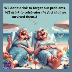 two older women laying in lawn chairs on the beach with drinks and food around them