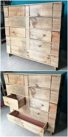 two pictures of the same wooden dresser with drawers on each side and an open drawer in the middle