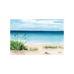 a painting of the beach with grass and water