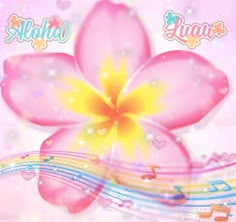 a pink flower with music notes on it and the words aloha in arabic