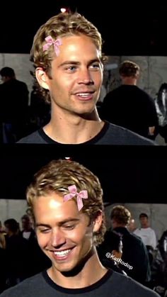 two pictures of a man with blonde hair and pink bows on his head, smiling at the camera