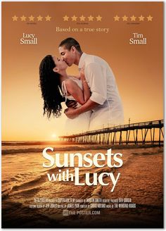 the movie sunsets with lucy is shown in front of an orange sky and water