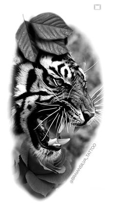 a black and white photo of a tiger with its mouth open