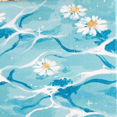 an acrylic painting of daisies and waves in blue water with yellow centers