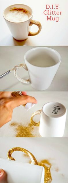 the process to make glitter mugs is shown with gold and white designs on them