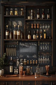 an old fashioned bar with lots of bottles and glasses on the shelves, including a chalkboard