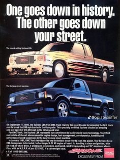 an advertisement for the gmc truck shows two pickup trucks