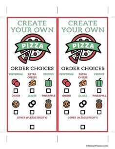 two pizza menus with the words create your own and order choices on each side