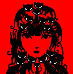 a woman with cats on her head and long hair in front of a red background