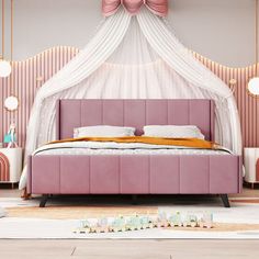 a pink bed with white drapes and pillows on top of it in a bedroom