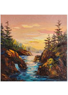 an oil painting of a sunset over a river with trees on the shore and rocks in the water