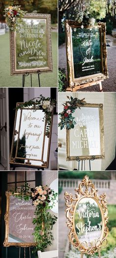 wedding signs are displayed on eases in different styles and colors, including gold frames