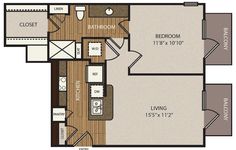 the floor plan for a two bedroom apartment with an attached kitchen and living room area