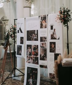 a display with pictures and flowers on it