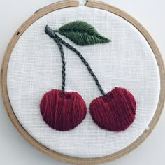 two cherries with green leaves on them in a hoop