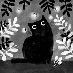 a black cat sitting on top of a wooden table next to plants and birds in the sky