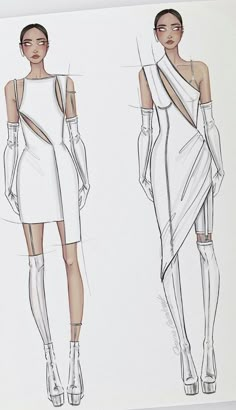 two drawings of women in white dresses, one with an asymmetrical design