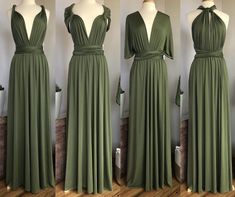 three different views of the same dress on mannequins, one in green