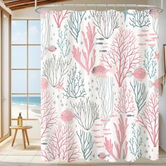 a shower curtain with corals and seaweed on it