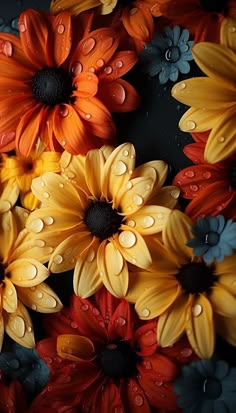 colorful flowers with drops of water on them