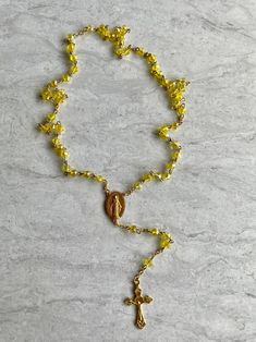 Handcrafted Yellow Crystals and Gold Catholic Prayer Rosary - Etsy Gold Rosary With Gemstone Beads Gift, Gold Beaded Rosary Bracelet With Cross Shape, Gold Rosary Bracelet With Cross And 8mm Beads, Gold Beaded Spiritual Rosary Bracelet, Gold Spiritual Rosary With Gemstone Beads, Gold Rosary With Round Beads As Gift, Spiritual Gold Rosary Bracelet With Gold Beads, Gold Round Beads Rosary As Gift, Gold Gemstone Beads Rosary