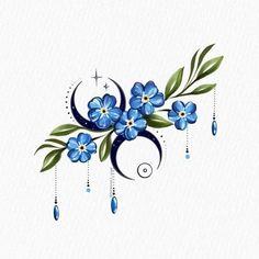 blue flowers with green leaves on white background