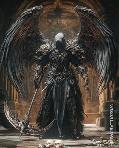 an angel with large black wings standing next to a skull