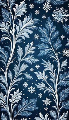 a blue and white wallpaper with snowflakes on the top, in front of a dark background