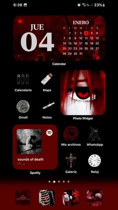 an image of a calendar with red eyes and blood on the screen, as well as other icons