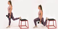 a woman is doing squats on a stool